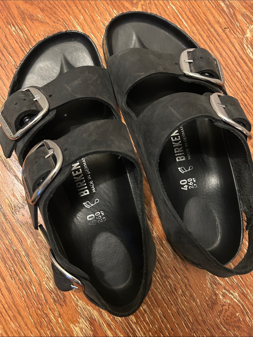 Birkenstock Black Two-Strap Sandals with Silver Buckles